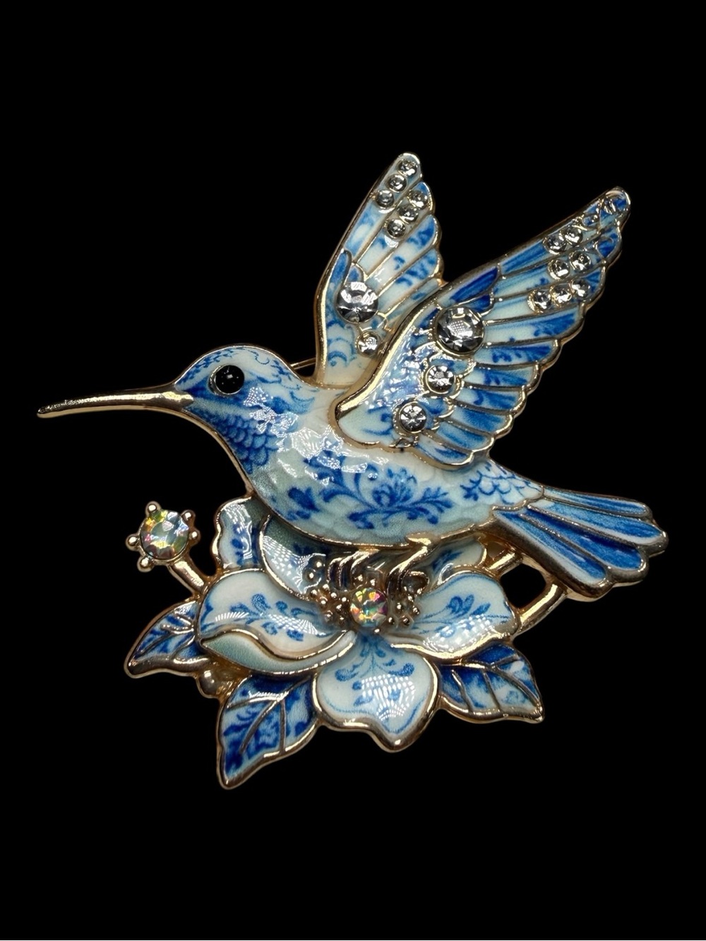 Blue Hummingbird Enamel Brooch with Crystal Accents